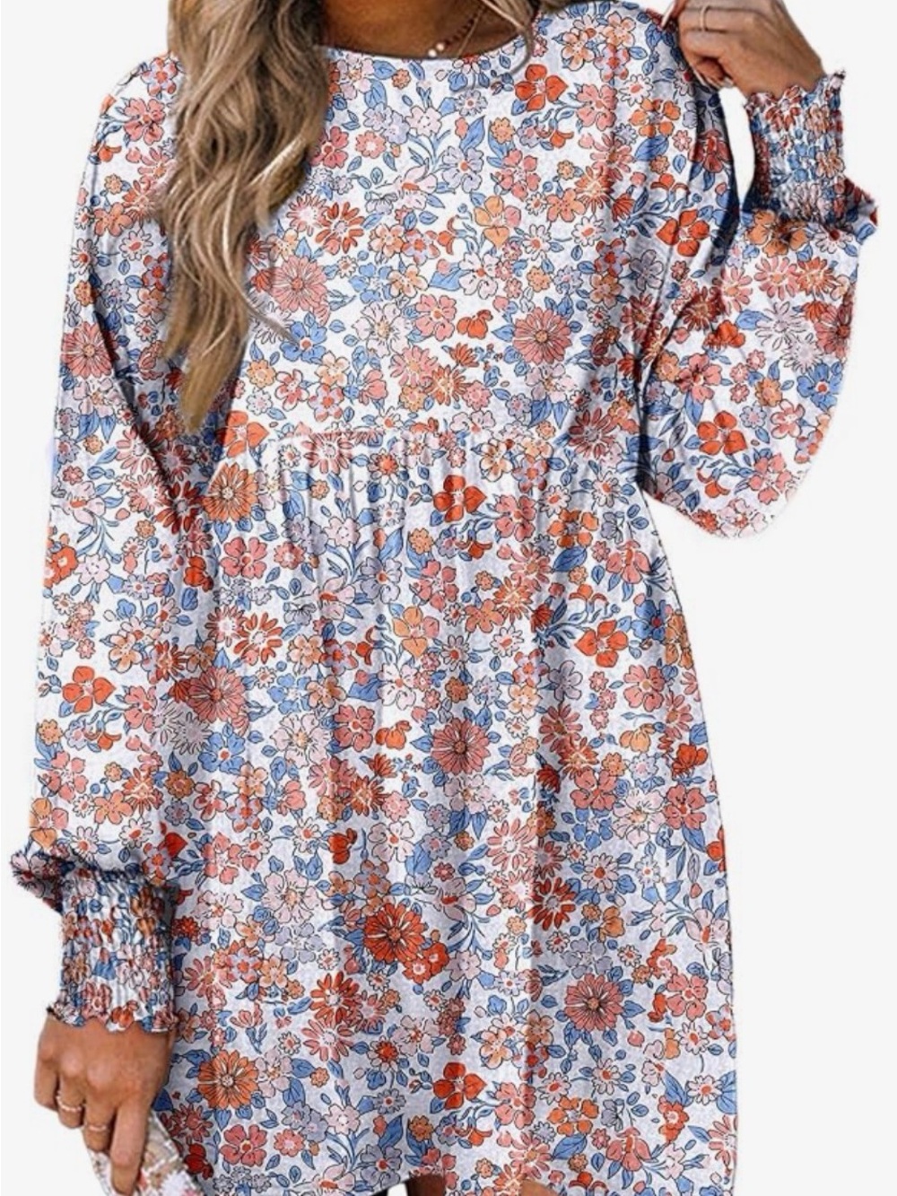 Floral Long-Sleeve Smocked Cuff Dress - White with Orange & Blue Flowers